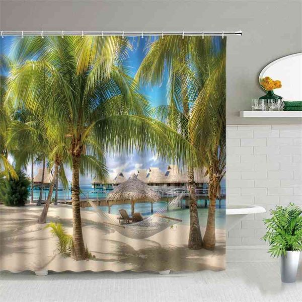 Palm Tree Ocean Animal Paysage Rideaux de douche Plage Dolphin Sea Turtle Starfish Paysage Salle de bain Décor Rideau de bain avec crochet 210609