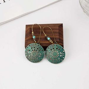 Palm Turquoise Boheemse uil Bronze gesneden geometrische droomvanger Net Feather Tassel oorbellen