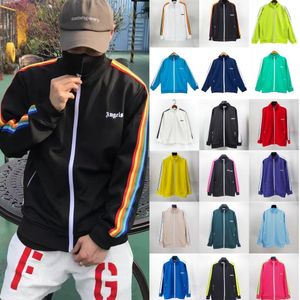 PALMAGELE Spray PA Letter Korte mouw Unisex Casual Veelzijdig Losse capuchonis paar Regenboog gestreept geweven jack met ritssluiting sportjack heren- en dameshoodie