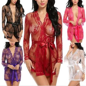 Pama ceinture nouvelle dentelle pure Lingerie Sexy col en v vêtements de nuit Robes avec string nuisette femmes vêtements de nuit