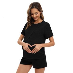 Pamas Set pour les femmes enceintes Maternité Vêtements de nuit en soins infirmiers Coton Coton Mallairs Nightwear Home Wear Tops + Shorts L2405