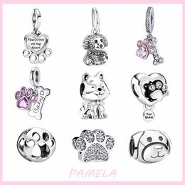 Cuentas con estampado de pata de perro de Plata de Ley 925, abalorio de Animal lindo cachorro DIY para pulseras Pandora