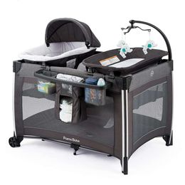 Pamo Babe 4-en-1 Portable Baby Crib Deluxe Nursery Center - Playard de voyage pliable avec berceau, matelas, table à langer - Gray - Idéal pour les nouveau-nés, les nourrissons et les tout-petits