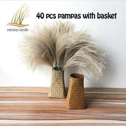 Decoración de hierba de pampa, flores secas que contienen cesta de mimbre tejida a mano, flores de plumas de pasto marino, decoración de boda, ramo seco Natural 263C