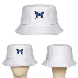 Panama avec papillon toile de seau de seau de papillon blanc broderie de bassin portable double face visière de voyage en plein air hat247a