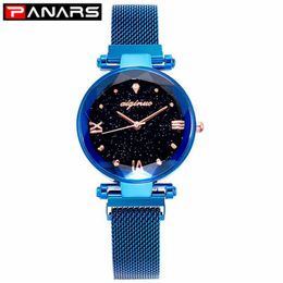 PANARS Mode Luxe Dames Quartz Horloges Magneet Band Sterrenhemel Vrouwelijke Business Casual Quartz Horloge Dames Nieuw Blue2886