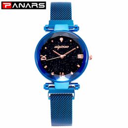 Panars mode luxe dameskwarts horloges magnet strap sterrenheme vrouwelijke zaken casual kwarts polswatch dames nieuw blauw 2012