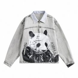 Panda Imprimer Denim Veste Hommes Streetwear Printemps Automne Mer Distred Lâche Revers Lg Manches Jeans Veste Hommes R1WZ #