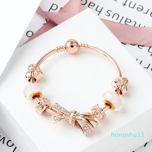 Pandor mode or rose brillant arc bracelet 18 cm 19 cm 20 cm amour charme verre perle bijoux en gros
