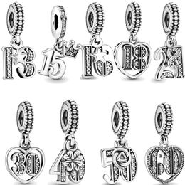 Pandora-925 Sterling Zilver Dangle Charms Klassieke Herdenkingsdag Digitale Hanger Ornament Verstelbare Trekarmband Kraal, Gratis Pandora Box bij aankoop