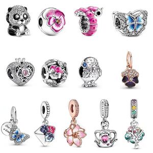 Pandora-925 Sterling Silver Dange Charms Spring Nieuwe Pink Pansy Flower Diy Crown Bracelet Accessoires Blauwe glinsterende vlinderkralen