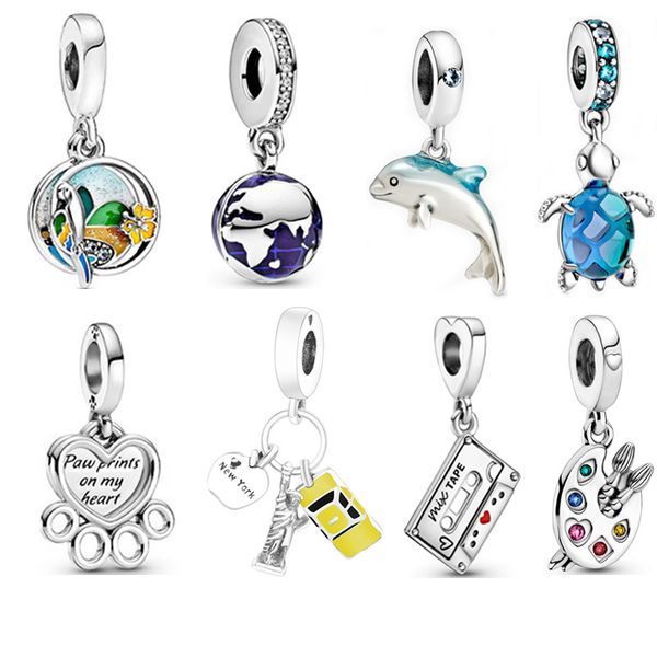 Pandora-925 Sterling Silver Dangle Charms Dolphin Turtle Colgante Colgante Adorno Ajustable Pull Bracelet Bead, Caja de Pandora gratis al momento de la compra