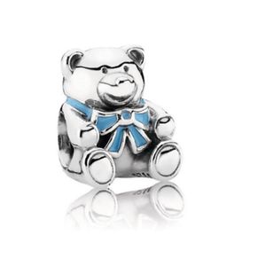 Pandora blue bow tie teddy bear beads suitable for brand charm bracelet pendant 925 sterling silver cute bear beads jewelry production