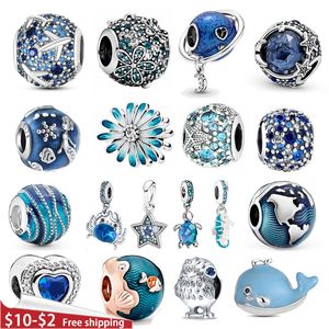 Pandora Marine Blue Suspensión S925 Joyería de plata pura Serie de verano Pulsera adecuada Joyería de moda DIY