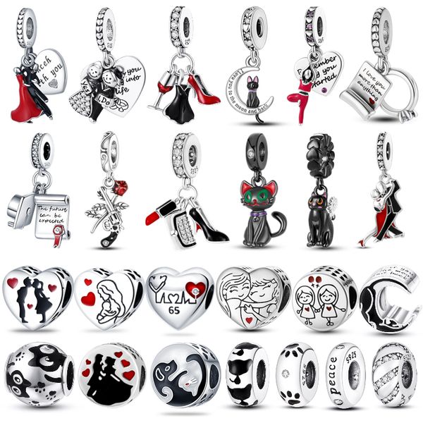 Pandora S925 Pur Argent Noir et Rouge Charme Valse Danse Pendentif Convient pour Bracelet DIY Bijoux De Mode 1