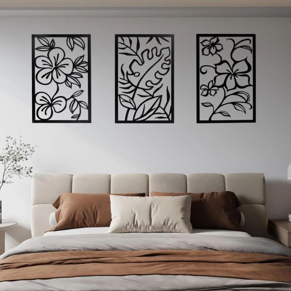 Panneau 3 PCS Rectangle décor mural métallique florale de ligne minimaliste plante Silhouette esthétique Sculpture moderne pour chambre de jardin chambre à coucher