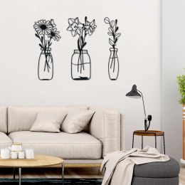Panneau 3 pièces Fleurs en métal et vases Décoration murale Minimaliste Art Mur Mur Sculpture Donquilles Chrysanthemum Eucalyptus Feuille de fer Decorat