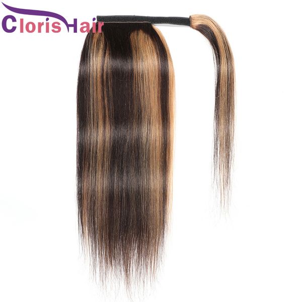 Panio Color Brown Honey Blonde Extensions de queue de cheval de cheveux humains droites 4/27 colorées brésiliennes vierges à enrouler autour des queues de cheval à clipser pour les femmes noires