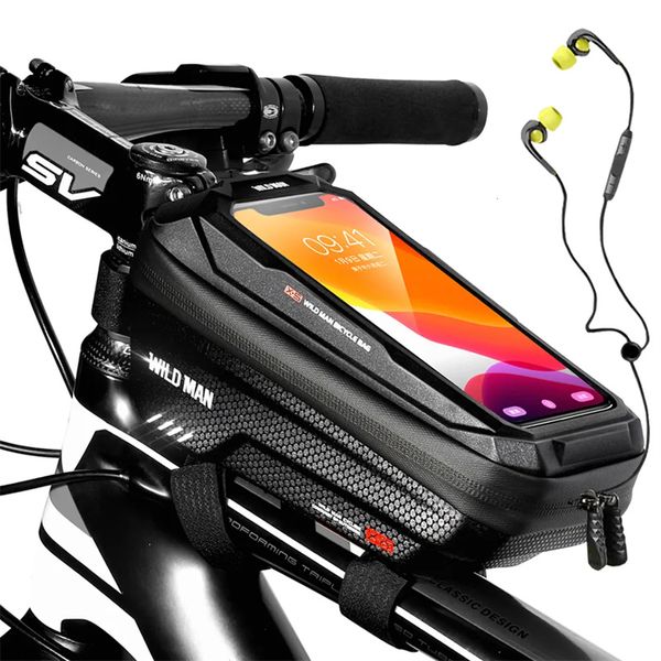 Sacs de sacoches WILD MAN Cadre de vélo Tube supérieur avant Cyclisme étanche 6,6 pouces Étui de téléphone pour appel Écran tactile VTT Pack Accessoires de vélo