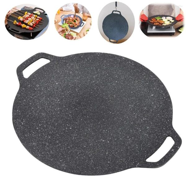 PANS 1PC COREAN BBQ GRILL PAN STONE STONE REVOIR MARBRE CAMPING NÉSTICULAIRE GRIDDLE ROND AVEC APPORT