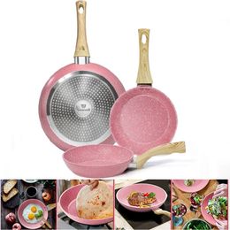 Pannen 1PC3pcs platte bodem pan roze anti-aanbak pot voor gasfornuizen en inductiekookplaat roestvrij staal koekenpan pannenkoek ei steak 231124