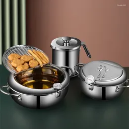 Pans 304 Cuisine en acier inoxydable Tempura Fryer Pan 20 24 cm Pots et pot de friture japonais avec un couvercle de thermomètre