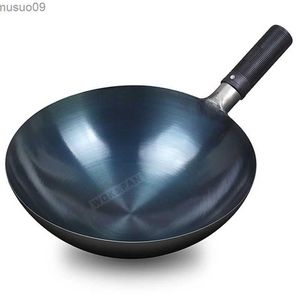 Pans 32/34 cm Assaisonnement Blue Iron Wok non enduit en acier inoxydable Pot Light Classic Chef Wok Outdoor Kitchen Gas Stovel2403