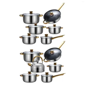 Sartenes 6 uds olla de sopa de acero inoxidable cacerola sartén con tapa de vidrio juego de cocina portátil antiadherente para el hogar