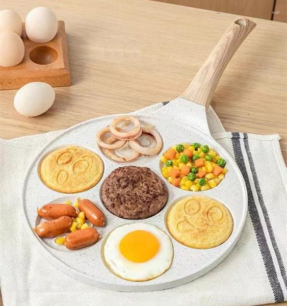 Sartenes 7 agujeros sartén huevo frito antiadherente multifunción hamburguesa molde panqueque placa Dumpling desayuno fabricante
