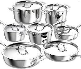 Casseroles 9PC Batterie de cuisine en acier inoxydable Ensemble robuste Tri-Ply 3,1 mm d'épaisseur 18 / 10SS Gain de place Conception emboîtable Poignées Stay-Cool