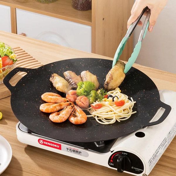 Poêles BBQ Grill Pan coréen rond Pots extérieur épais en fonte Barbecue friture antiadhésive Maifan pierre cuisinière Camping ustensiles de cuisson plateau