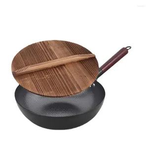 Sartenes Sartén Wok de acero al carbono 32 cm salteado con tapa de madera fondo plano sin recubrimiento chino para inducción gas eléctrico todas las estufas