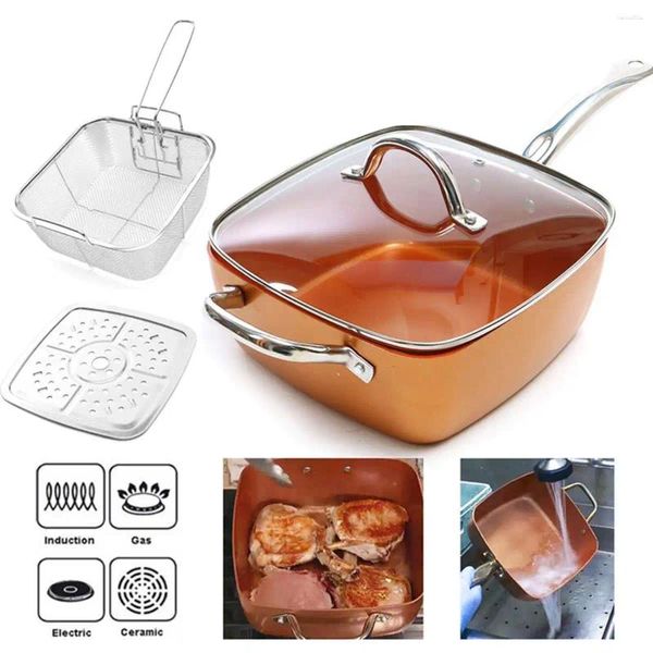 Casseroles en céramique poêle antiadhésive cuivre carré induction chef couvercle en verre panier à frire panier à vapeur 4 pièces ensemble 9,5 pouces utilisé dans