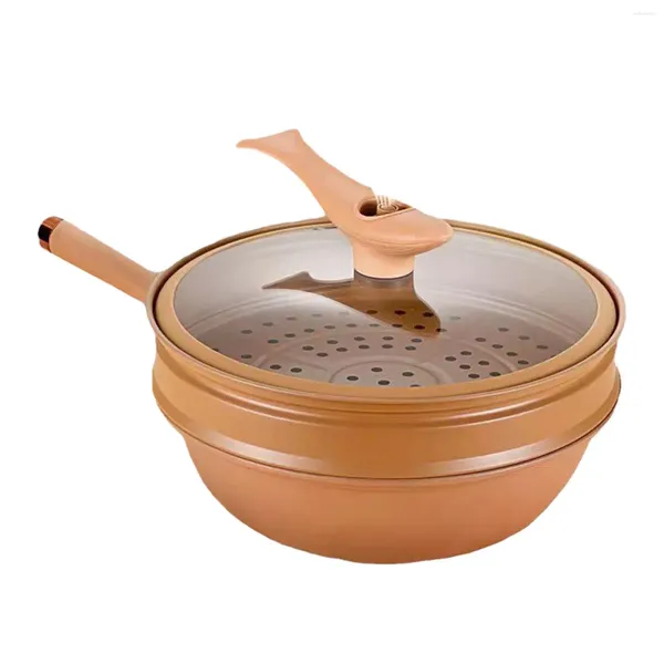 Casseroles Casserole avec couvercle en verre et grille à la vapeur légère micro pression Wok antiadhésive friture profonde pour toutes les tables de cuisson frire à la vapeur