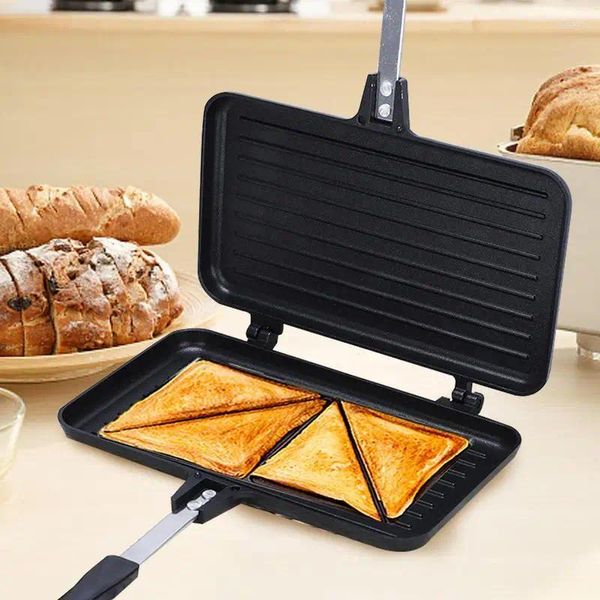 Pans Double face Sandwich Pan Grill antiadhésif Friture pour pain Toast Petit-déjeuner Crêpe Fromage Panini Gaufrier