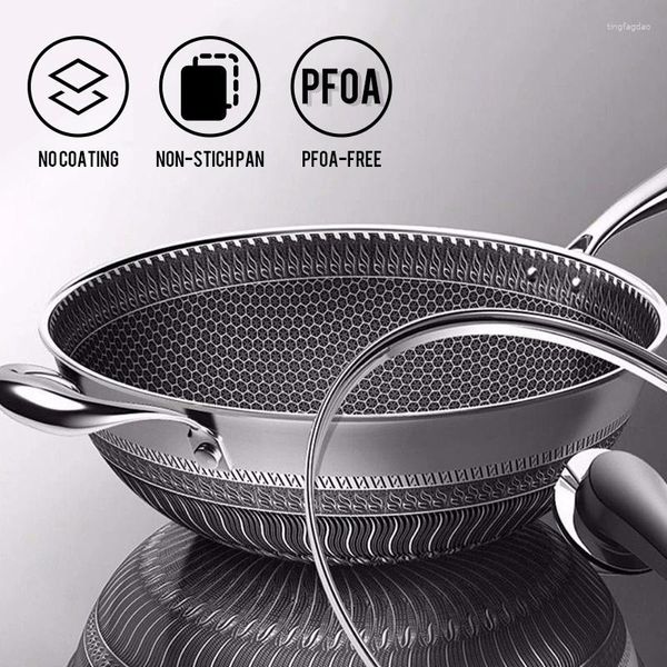 Poêles double face écran nid d'abeille Wok en acier inoxydable sans huile fumée poêle antiadhésive ustensiles de cuisine cuisine marmite