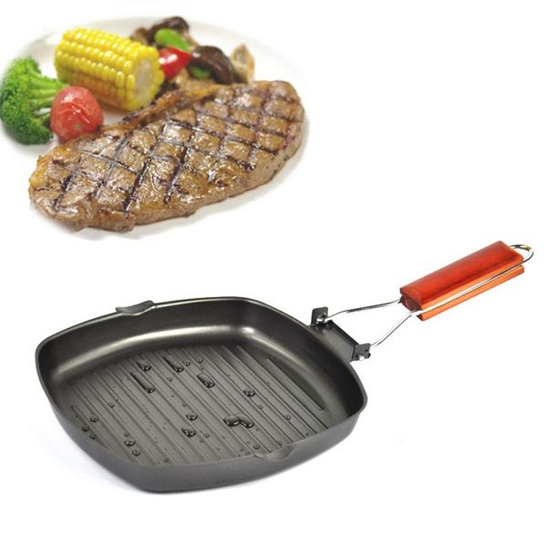 Poêles Duolvqi Non-collante en fonte Steak Poêle à frire Poignée en bois Pliant Portable Grill carré