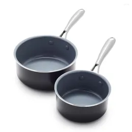 Pannen GreenPan Swift Gezonde keramische anti-aanbak steelpanset 1QT en 2QT zonder deksels roestvrijstalen handgrepen zwart