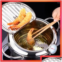 Pans style japonais Fryer Fryer en acier inoxydable avec et panier de cuisine de cuisine Tempura Fry Pan Kitchen usfreries Drop Livraison Home Garden Dinin Dhxop