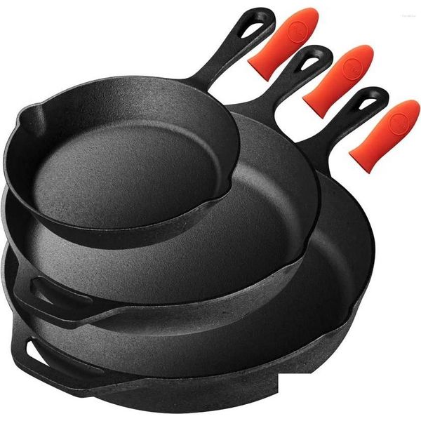 Casseroles Pièces Cuisine Friture Poêle en fonte pré-assaisonnée Batterie de cuisine antiadhésive avec bec verseur poignée en sile pour cuisinière électrique Drop Delive Otwzk