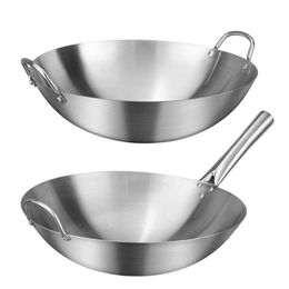 Pannen Roestvrij Staal Non Stick Wok Chinese Handgemaakte Dubbele Oor Chef Fry Gasfornuis Coating Ronde Bodem Koken Woks2605