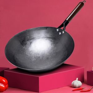 Casseroles Wok en fer traditionnel sans revêtement, forgé à la main pour la cuisine, avec poignée en bois, Wok à gaz, ustensiles de cuisine 230224