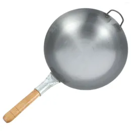 Casseroles Wok Casserole Ustensile de cuisine Ustensile antiadhésif Poignée en bois Pot avec friture en acier inoxydable Ménage pour la cuisson à la maison