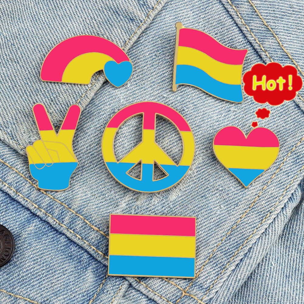 Pansexual Pride Flag Lapel Pins LGBTQ Omnisexuality Brosch Rainbow Hand Peace Love Emamel Pins Shirt Bag Badge Män Kvinnor smycken