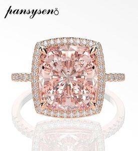 PANSYSEN 10MM carré Morganite pierres précieuses anneaux pour les femmes solide 925 en argent Sterling étincelles bague de Cocktail de mariage bijoux fins 20101502971