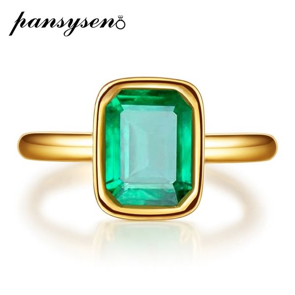 PANSYSEN 18K Or Couleur Émeraude Anneaux pour Femmes Vintage Réel Argent 925 Bague Hommes Bijoux Marque Anniversaire Fête Cadeau en gros 220216