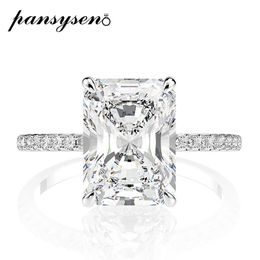 PANSYSEN 925 Sterling Zilver Emerald Cut High Carbon Diamond edelsteen Trouwringen voor Vrouwen Luxe Voorstel Verlovingsring 240130