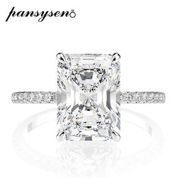 Pansysen 925 Sterling Silver Emerald Cut Simulated Diamond Wedding Rings For Women Luxury Proposal Engagement Ring 231221