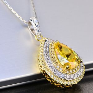 PANSYSEN Solide 925 Sterling Silver Water Drop Citrine Gemstone Pendentif Colliers pour Femmes Mariage Cocktail Party Fine Jewelry Q0531