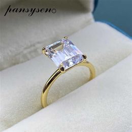 PANSYSEN blanc jaune or Rose couleur luxe 8x10MM taille émeraude AAA Zircon anneaux pour les femmes 100% 925 argent Sterling bijoux fins 2283q